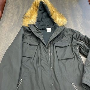 Black Winter Trenchcoat with fur hoodie.